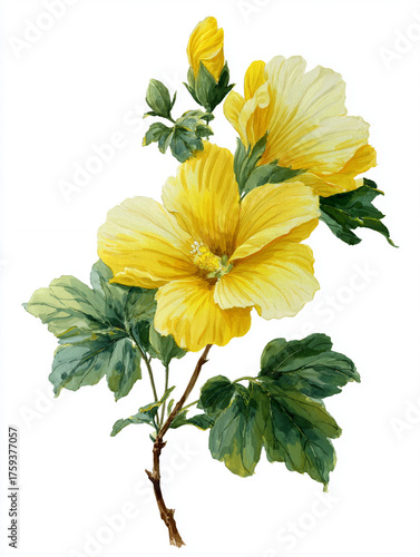 a yellow mallow flower, painted in the style of traditional Chinese painting, isolated on white.
