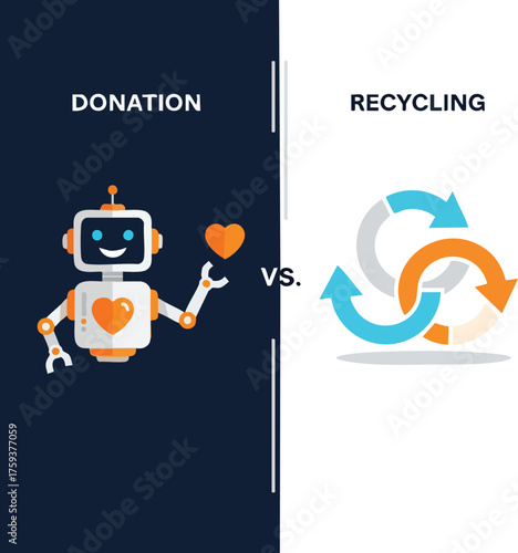 Conceptual illustration comparing donation, represented by a robot with a heart, and recycling, shown with its symbol.