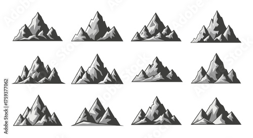 Collection of pixel art mountain illustrations in grayscale tones.
