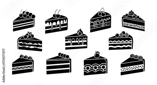 A diverse collection of delicious layered cake slices adorned with fruit and intricate frosting details.