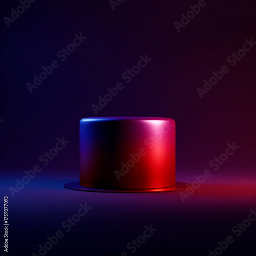 Red button isolated on gradient background, neon light, 3d.