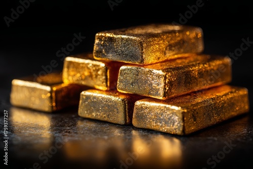 Wallpaper Mural Pile of shiny gold bars stacked on each other, precious metals in luxury, gold bullion stacked, wealth reserve, economic concepts, investment opportunity and finance. Torontodigital.ca