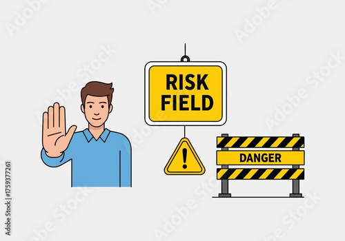 A man gesturing stop in front of a danger and risk field sign.