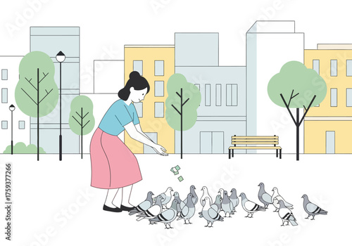 A kind woman in a blue shirt and pink skirt feeding a flock of pigeons.