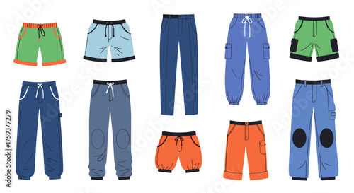 Collection of various styles of casual pants and shorts for children.
