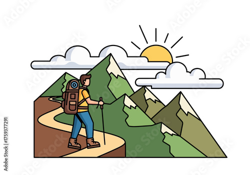 Adventurous hiker exploring mountain trails with backpack and trekking poles under the sun.