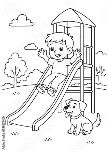 coloring book boy sliding on playground with puppy watching