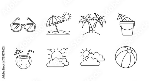 A collection of eight iconic summer vacation symbols representing a tropical beach paradise.