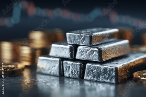 Wallpaper Mural A close-up of stacked silver bars and gold coins symbolizing wealth against blurred stock chart, reflecting financial stability and investments during trading activity. Torontodigital.ca