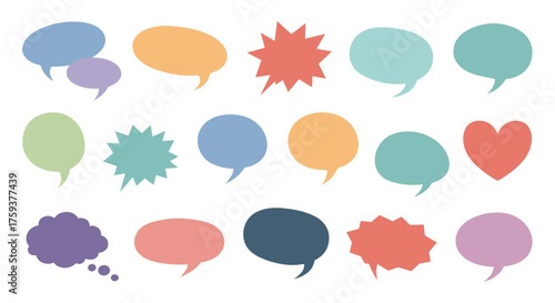 A collection of colorful speech bubbles and thought clouds in various shapes and sizes.