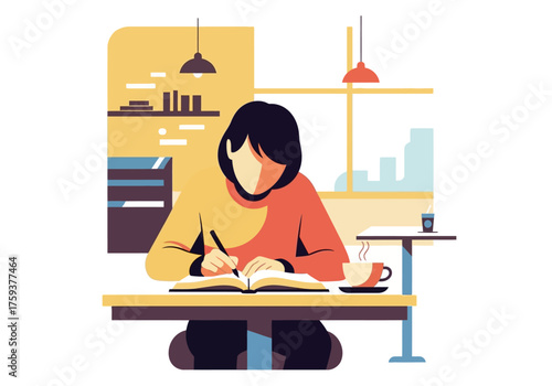 Illustration of a young woman writing in a notebook at her desk.