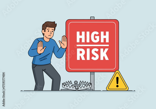 Man Avoiding High Risk Trap, Danger Ahead, Cautionary Tale.