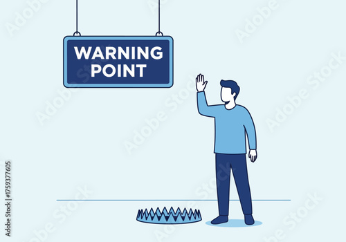 Man ignoring a warning sign and standing next to a dangerous bear trap on the floor.