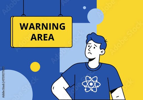 Man looking up at a warning area sign with a concerned expression.