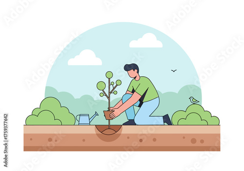 Man planting young tree sapling for environmental conservation.