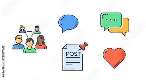 Flat Vector Social Icon Pack Featuring Heart, Post, Hashtag, Camera, and Microphone for Creative Posts in Clean Style, White Background, Illustrative Concept