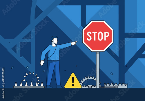 Man pointing at a stop sign surrounded by dangerous traps.