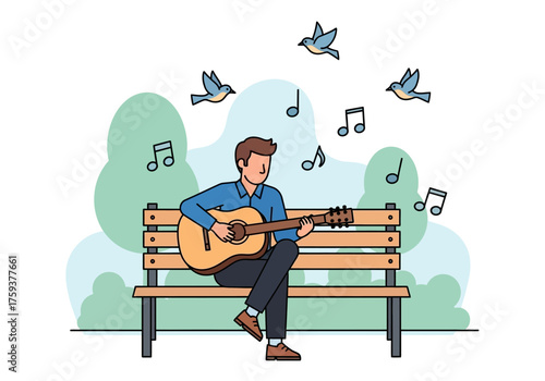 Man playing guitar on a bench with musical notes and birds.