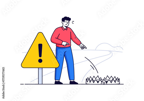 Man pointing at hidden trap with warning sign nearby.