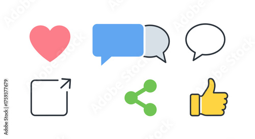 Flat Vector Social Icon Pack for Media Posting, Chat, Heart, Camera, Modern Minimal Design, White Background, Top View Concept