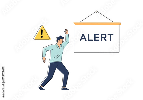 Man raising hand near alert sign and warning symbol, vector illustration.