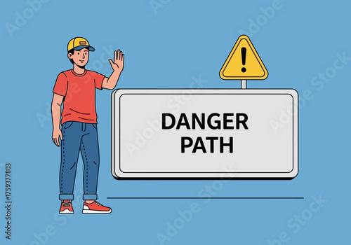 Man Warning About Danger Path with Sign and Exclamation Mark.