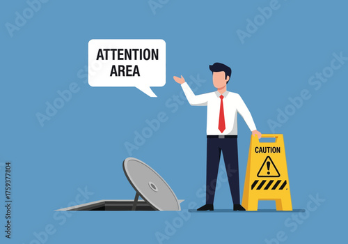 Man Warning About Open Manhole with Caution Sign and Attention Area.