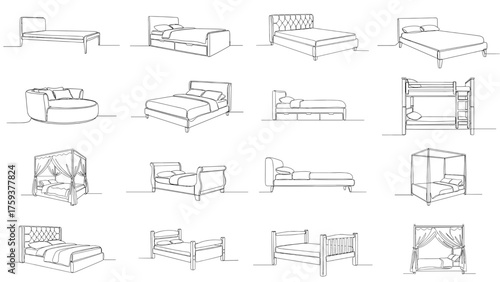 Bed design sketches in minimalist black and white illustration style