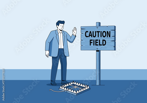 Man Warns of Trap in Caution Field Illustration.