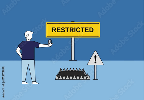 Man with smartphone near restricted sign and dangerous spike trap.