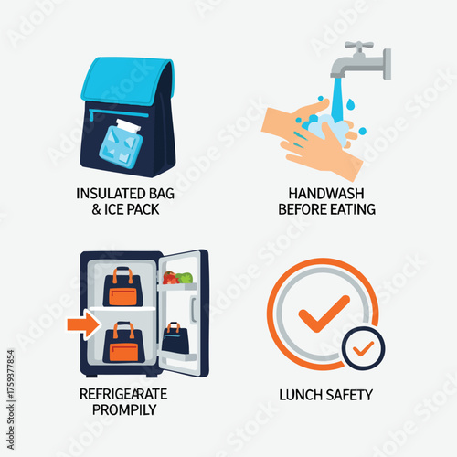 Lunch safety tips: insulated bag, hand washing, refrigeration, and general safety.