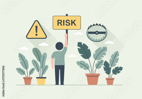 Person holding risk sign surrounded by danger warnings and traps.
