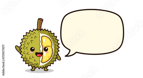 A cute cartoon durian character with a speech bubble is waving hello.