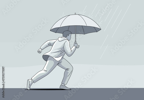 Person Running with Umbrella in Rain, Illustration, Protection, Weather.
