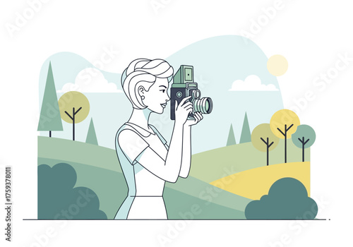 Woman Photographer Capturing a Moment with Vintage Camera.