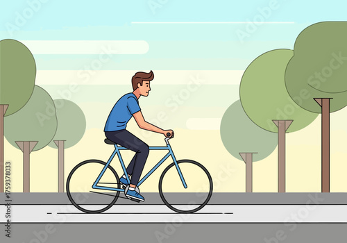 Young man enjoying a leisurely bicycle ride outdoors.
