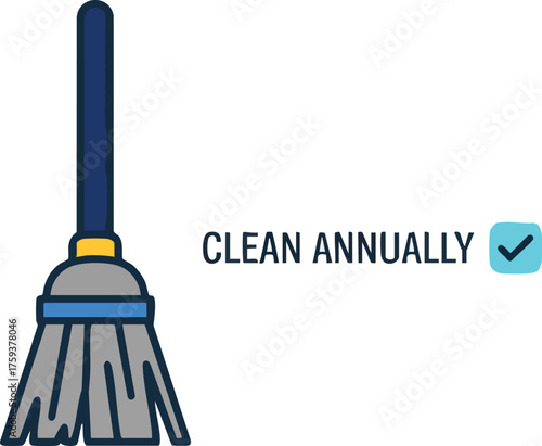 A blue and gray mop with a handle, labeled to be cleaned annually.