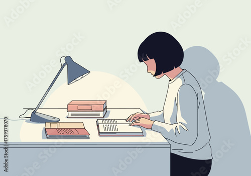 Young woman studying at a desk with books and lamp.