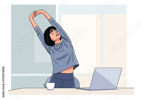Young woman stretching arms above head taking a refreshing break.