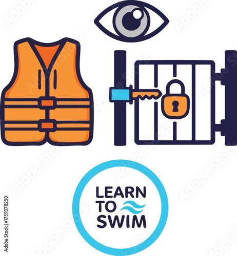 An illustration showing an eye, a life vest, a locked gate with a key, and a 'Learn to Swim' logo, representing water safety and prevention.