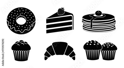 A collection of delicious baked goods and desserts including a donut a slice of cake pancakes muffins and a croissant.