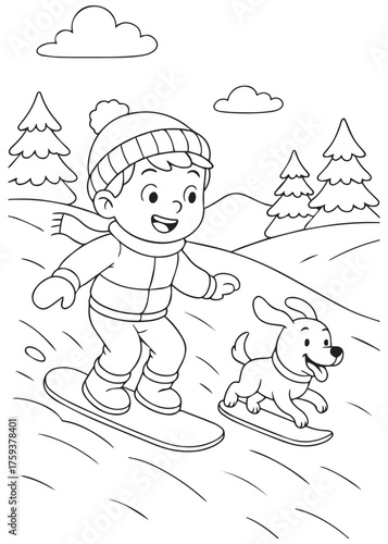 coloring book boy snowboarding with puppy in winter