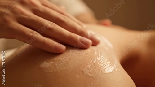 Wallpaper Mural Close-up of a therapist's hand applying moisturizing cream to a shoulder. Professional body massage and skincare treatment in a spa. Wellness and relaxation concept Torontodigital.ca