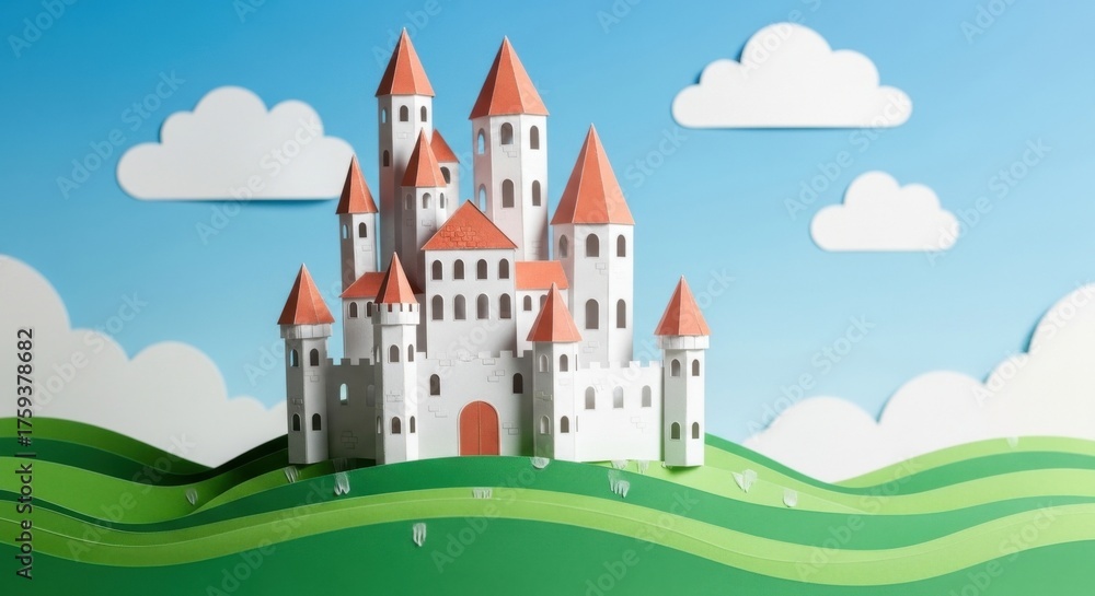 Naklejka premium Whimsical Paper Castle Model on Green Hills with Blue Sky and Clouds