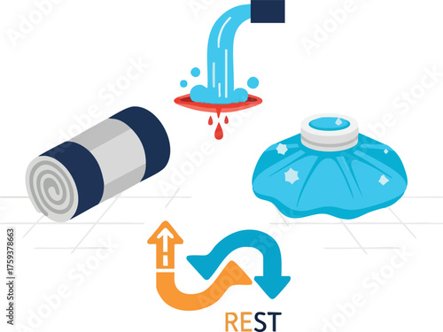 RICE therapy: Rest, Ice, Compression, Elevation for injury treatment.