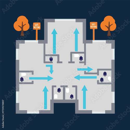 Diagram illustrating safe evacuation routes within a building during an emergency situation.