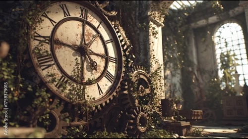 Clock gears and vegetation wall detail