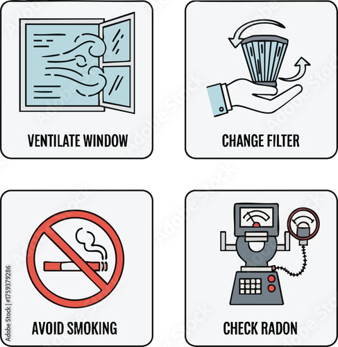 Four icons illustrating ways to improve indoor air quality: ventilating a window, changing an air filter, avoiding smoking, and checking for radon.