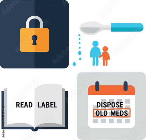 Safe storage and disposal of medications for children and adults, emphasizing reading labels and timely disposal of old medicines.