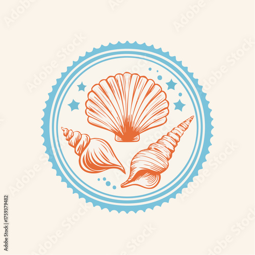 Vintage marine stamp with hand drawn seashells. Minimalist vintage marine prints. 